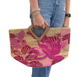 NEW XL Hibiscus Flower Design Straw Jute Wooden Handle Jute Tote Beach Vaca Bag